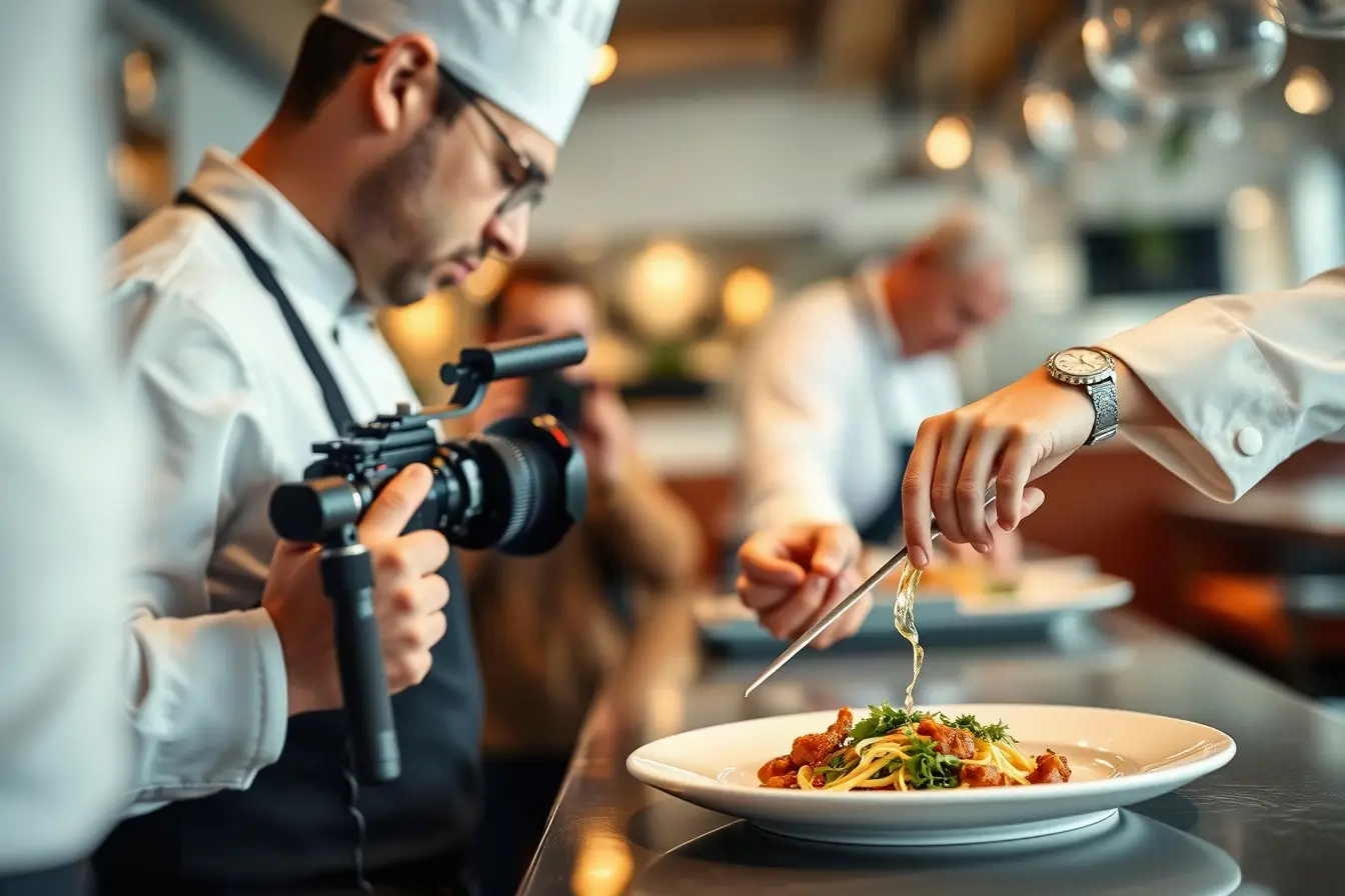 Restaurant chef plating a dish while a videographer films a close-up